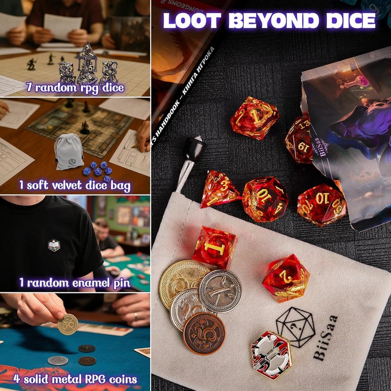 BiiSaa DND Mystery Dice Set – 7 Random Polyhedral RPG Dice, 4 Metal Coins, Enamel Pin & Velvet Bag – 1 in 10 Chance to Get Premium Dice – Gift for TTRPG Player, DM & Dice Goblin (Standard Edition) - Image 5